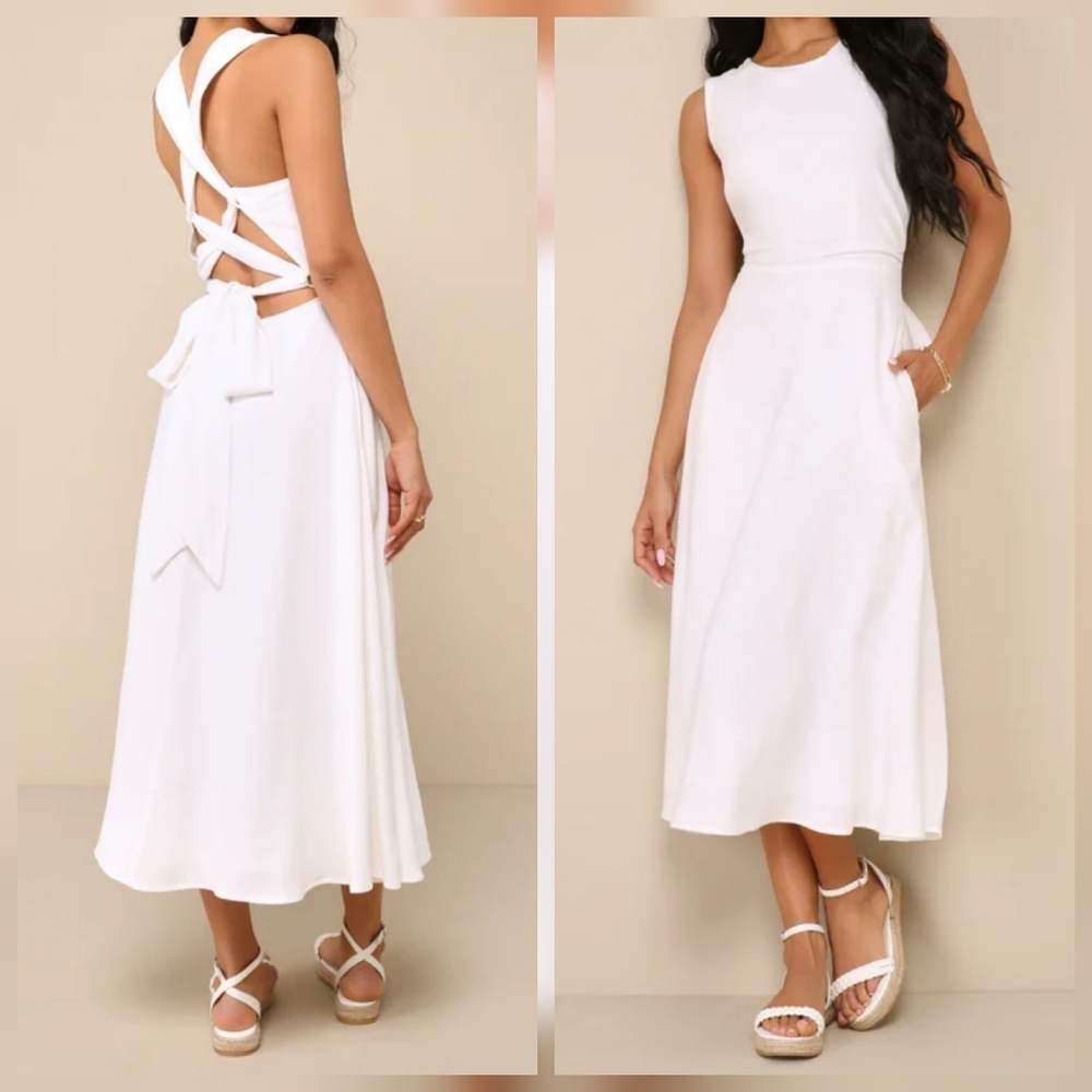 Lulu's White Sleeveless Midi Dress with Lace-Up Back